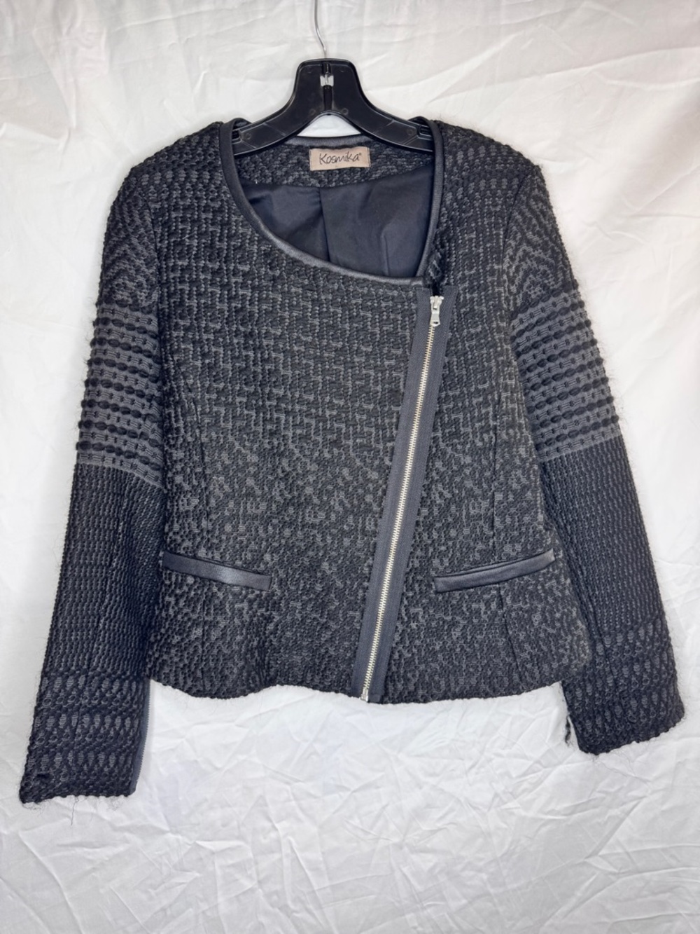 Kosmika Italian Black Textured Zip-Front Women's Jacket